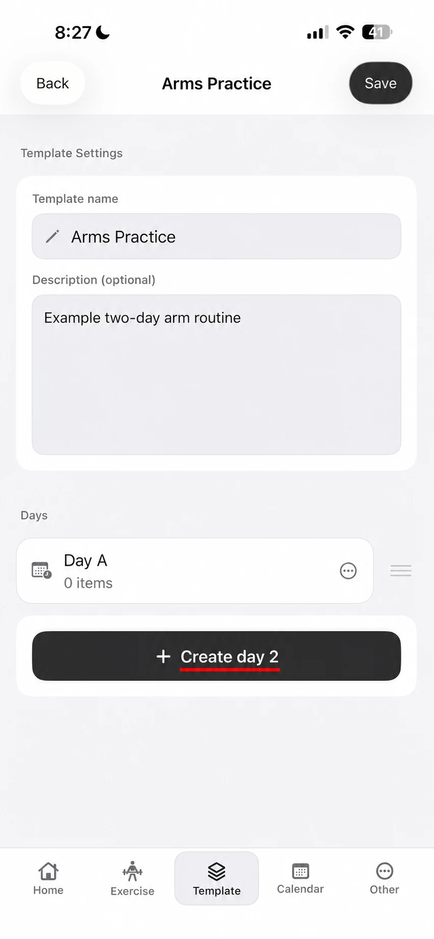 Fitness Karma template settings showing Day A and a Create day 2 button.