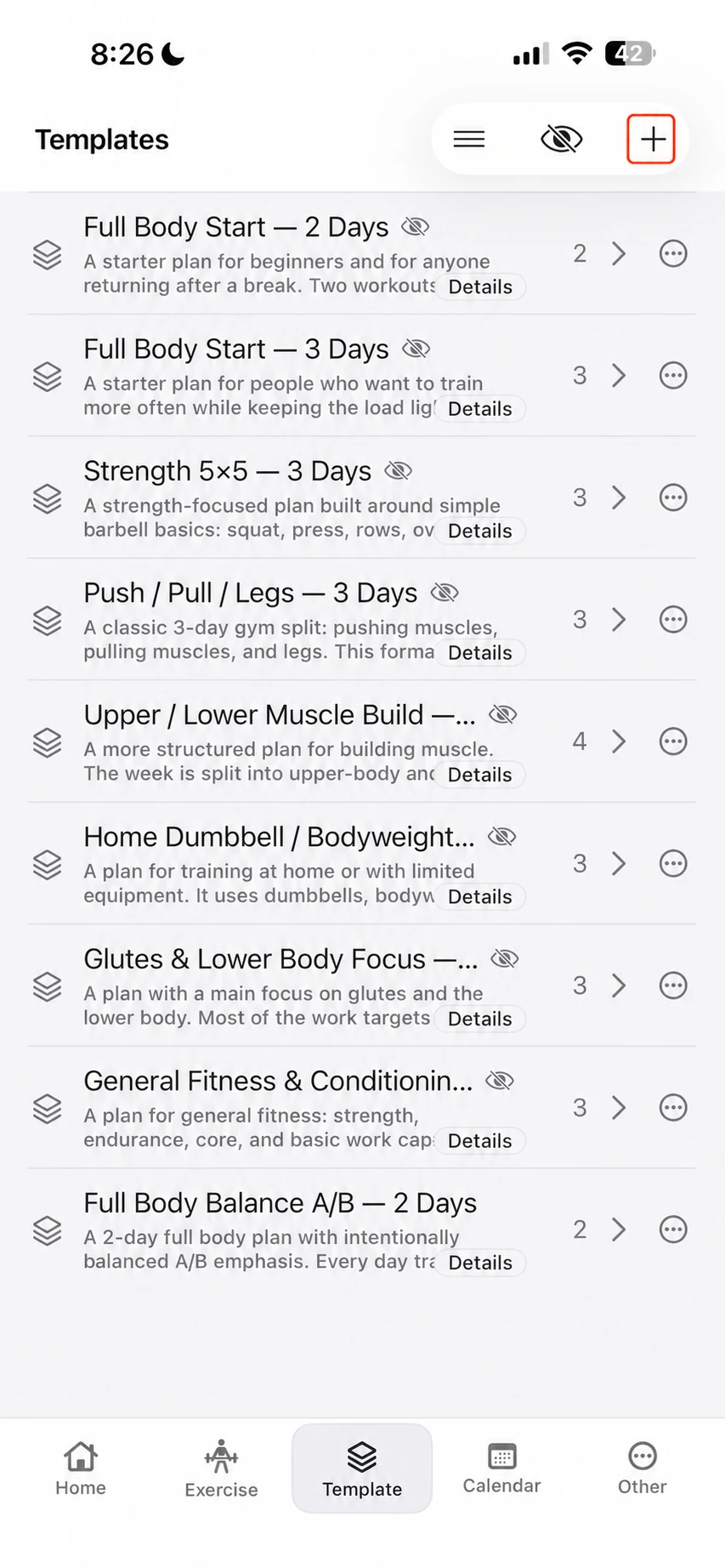 Fitness Karma Templates library showing system templates and the plus button for creating a template.