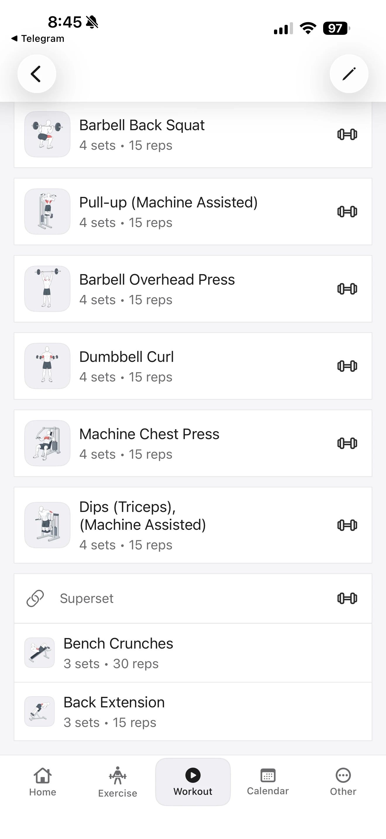Fitness Karma workout-day screen showing a Superset group containing Bench Crunches and Back Extension beneath the other planned exercises.