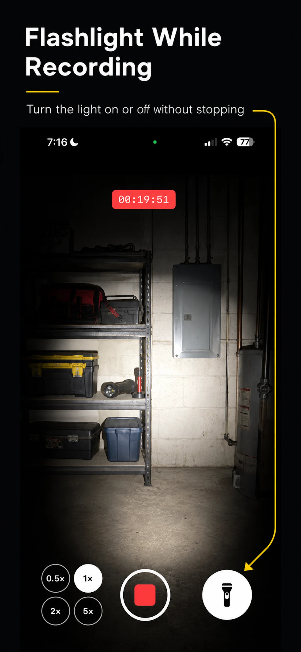 Flashlight Video Camera recording a dark garage with the flashlight control visible.