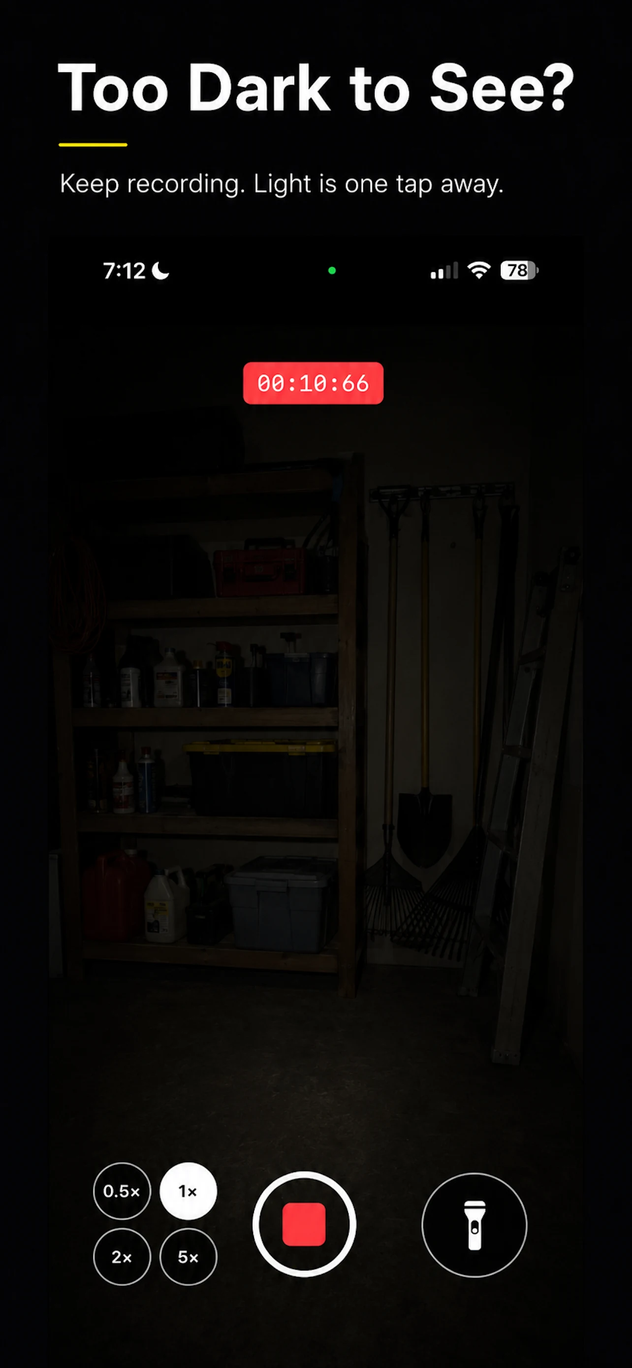 Flashlight Video Camera recording a dark garage before the light is switched on.