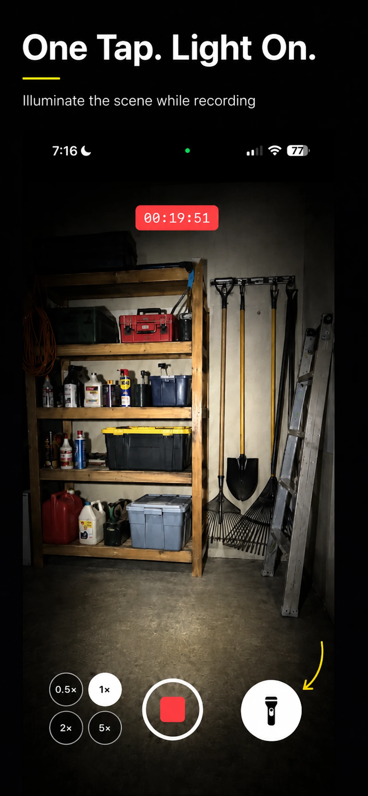 A bright flashlight-assisted recording with the one-tap flashlight control highlighted.