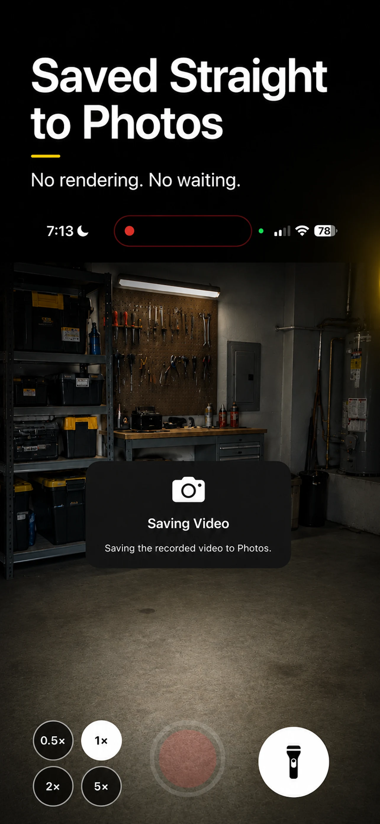 Flashlight Video Camera saving a recorded video directly to Photos.
