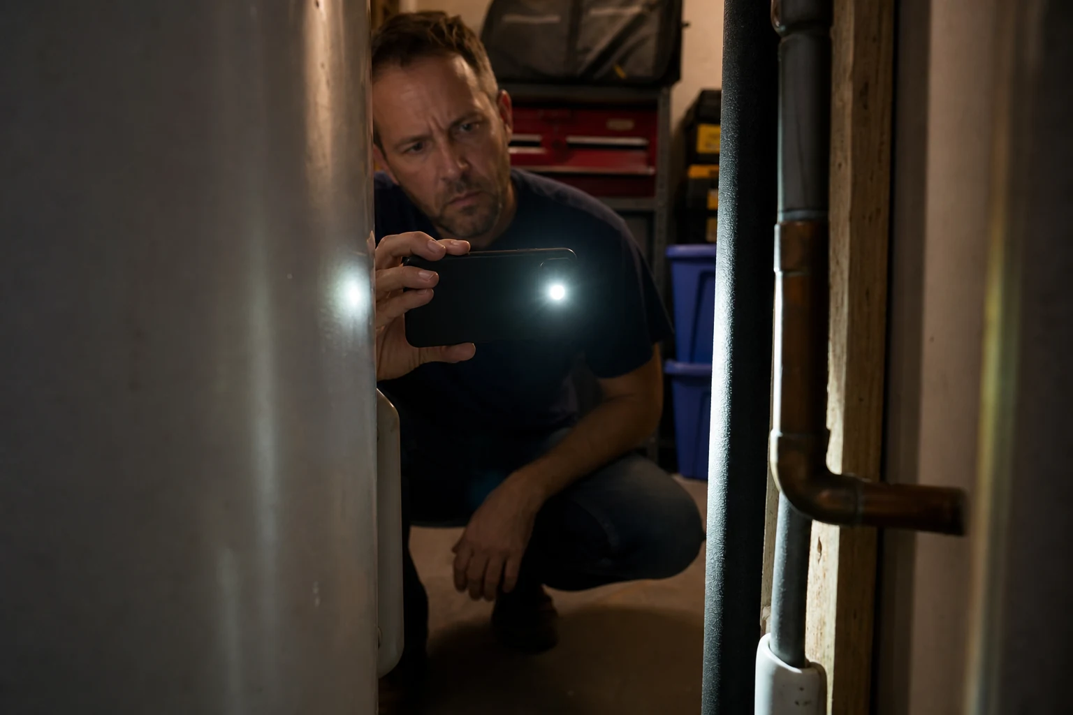 A person using an iPhone flashlight in a utility room.
