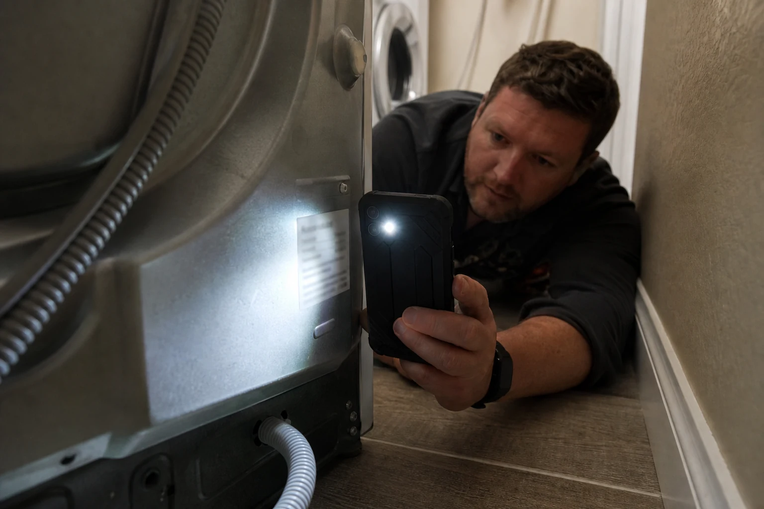 An iPhone inspecting a label behind a washing machine.