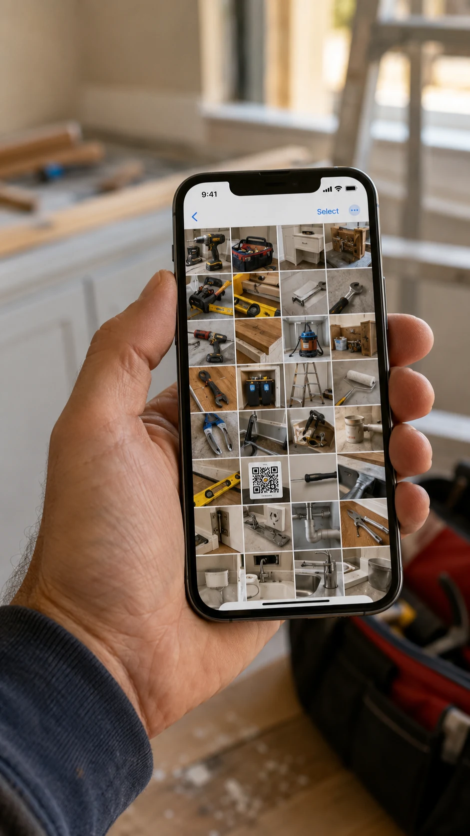 A person searching a crowded photo library for a payment QR code.