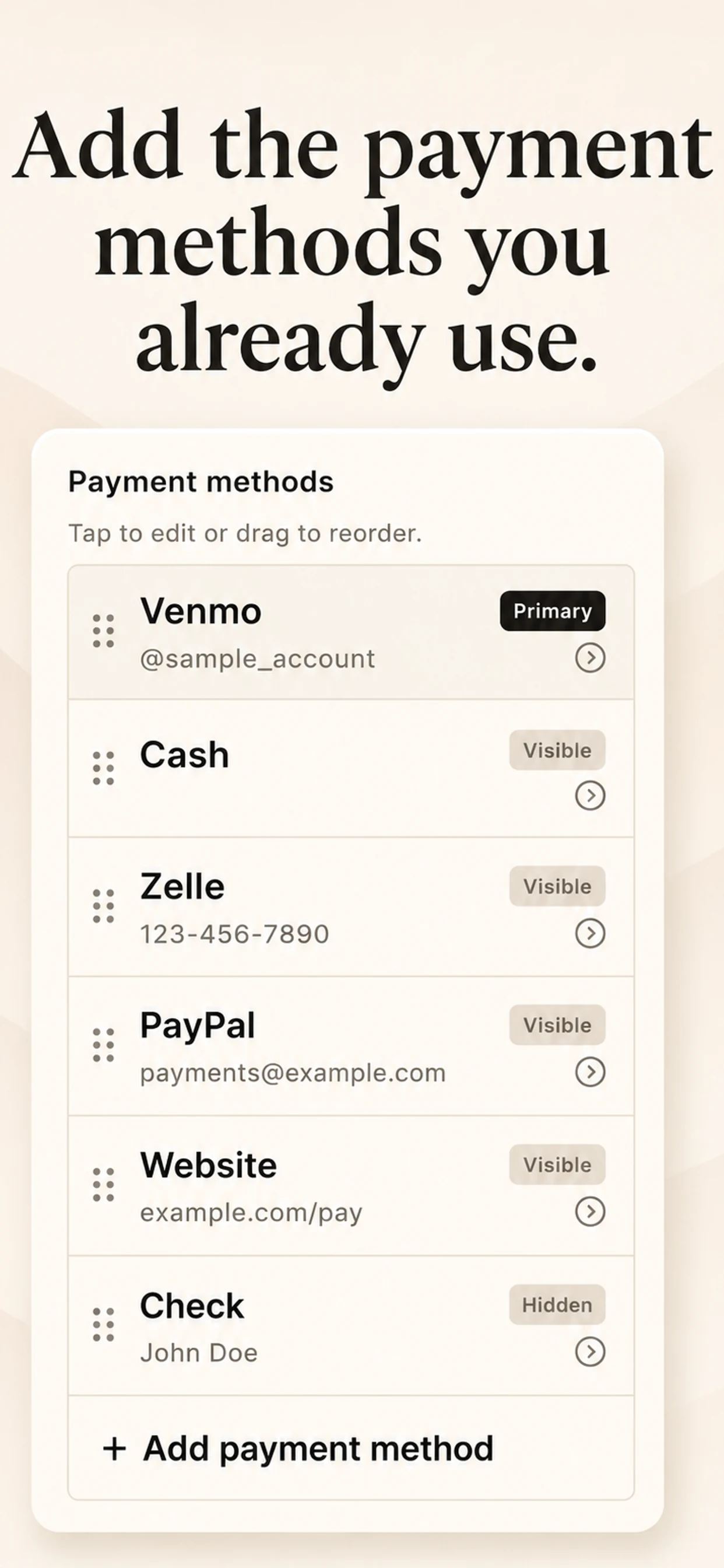 The payment-method list in Pay Link Card.