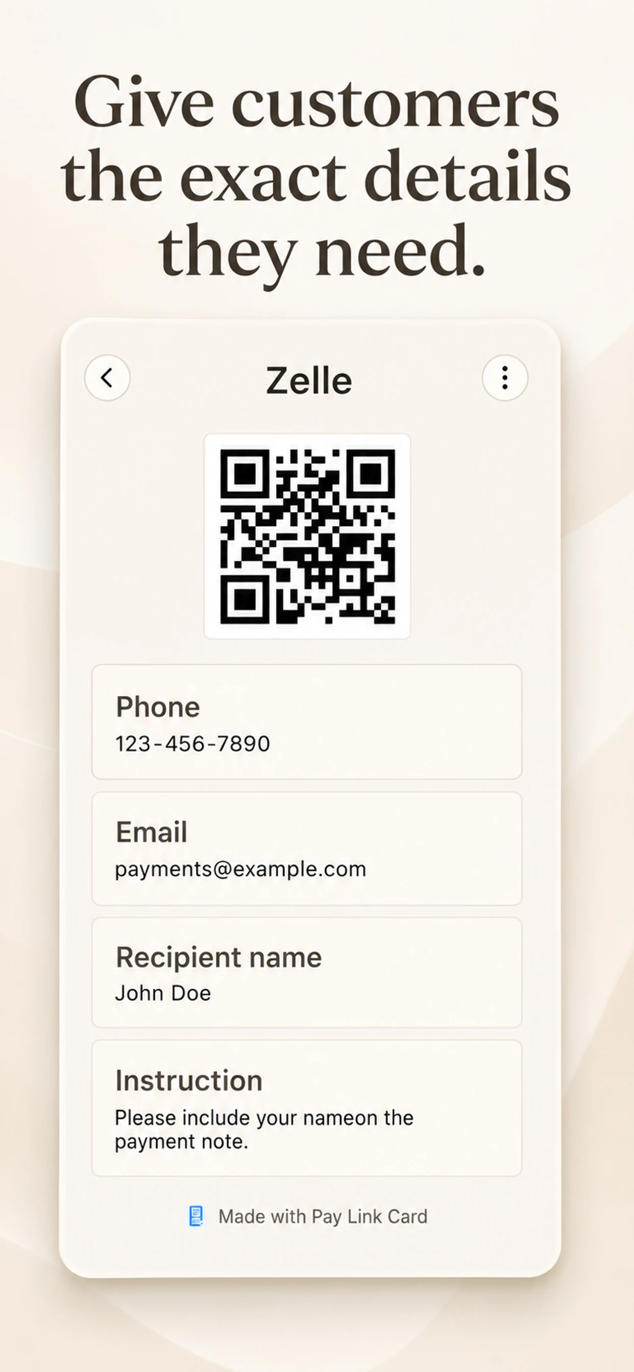 A payment-detail card with QR code, phone, email, and instructions.