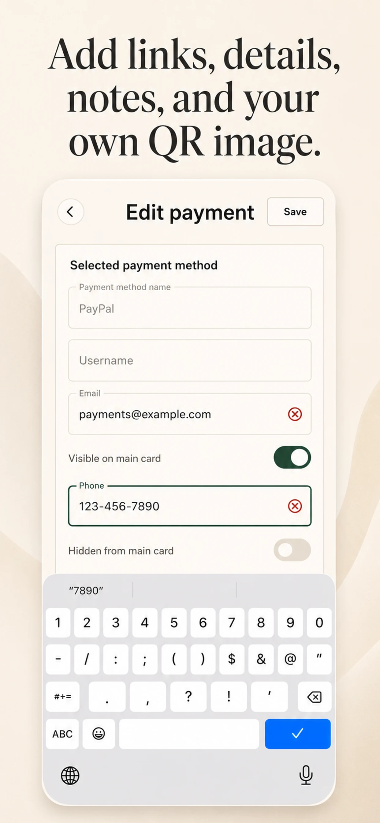 Editing a payment method in Pay Link Card.