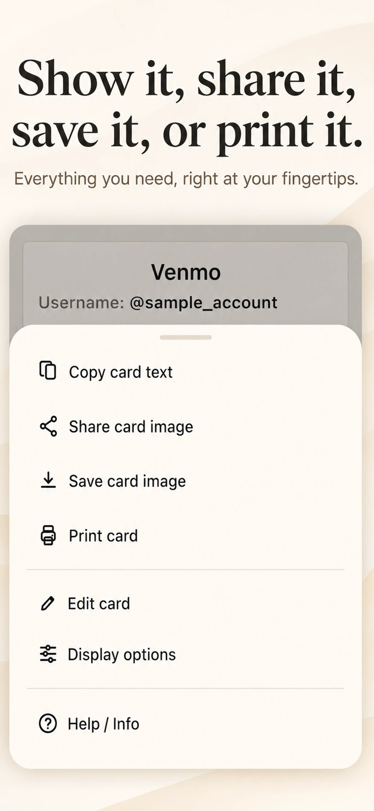 Pay Link Card share, save, print, and copy options.