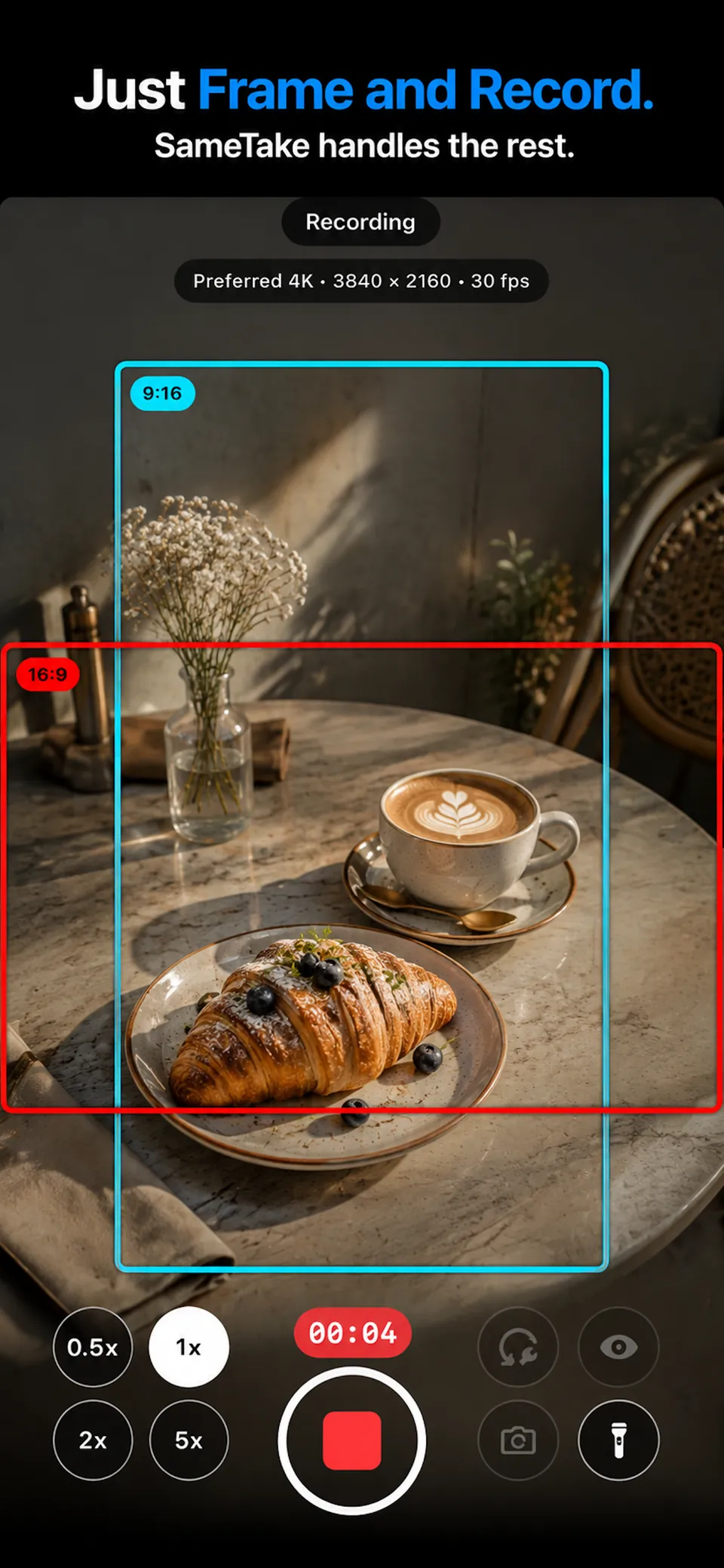 SameTake recording screen with vertical and horizontal framing guides around a cafe table.