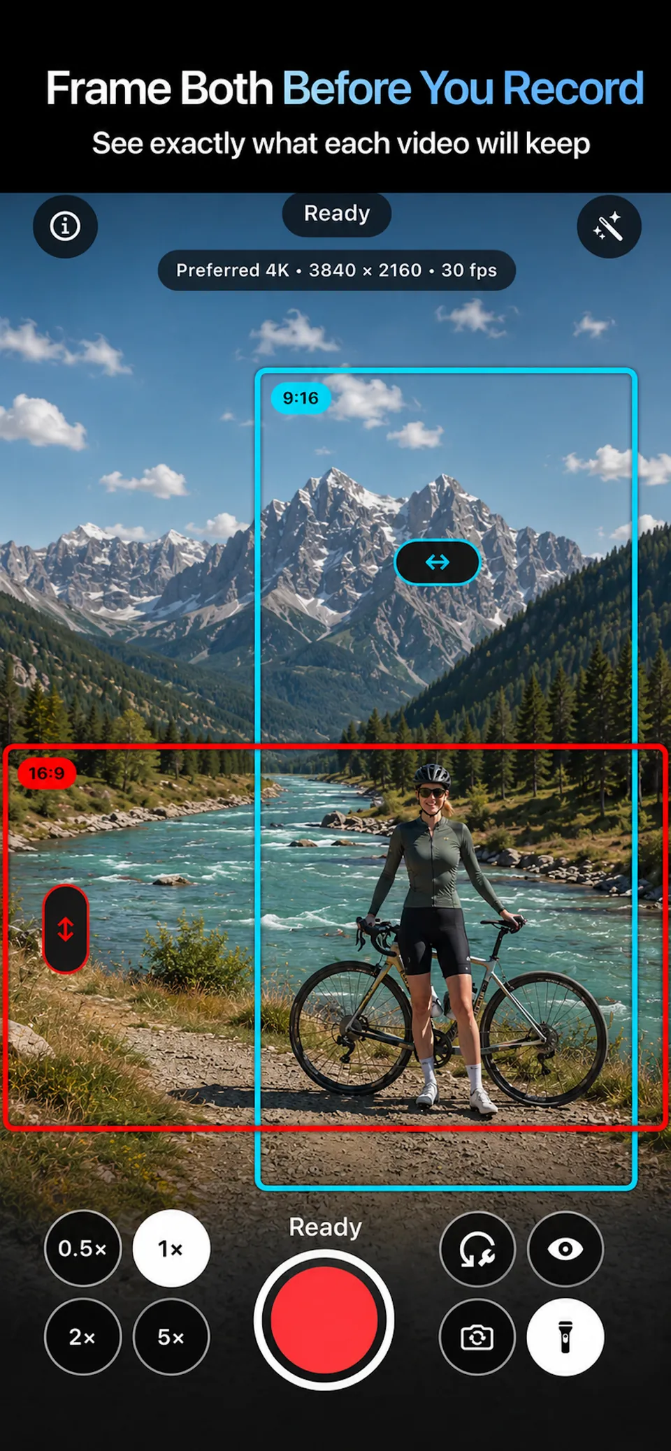 SameTake preview showing vertical and horizontal frames before recording a cyclist.