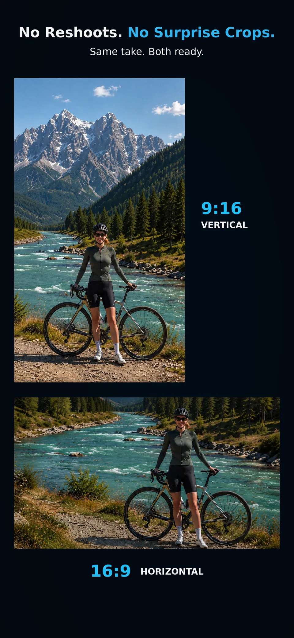 SameTake vertical and horizontal exports created from the same cyclist video.