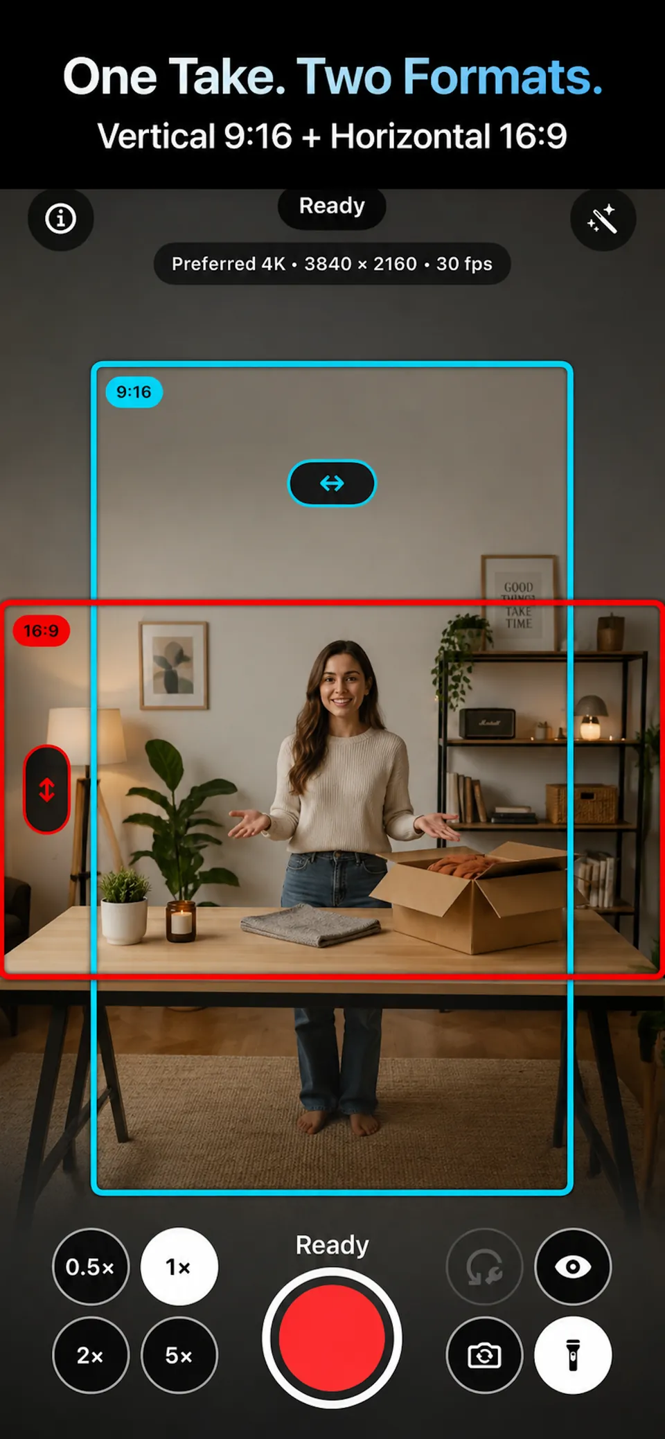 SameTake camera screen showing vertical and horizontal framing guides for one recording.